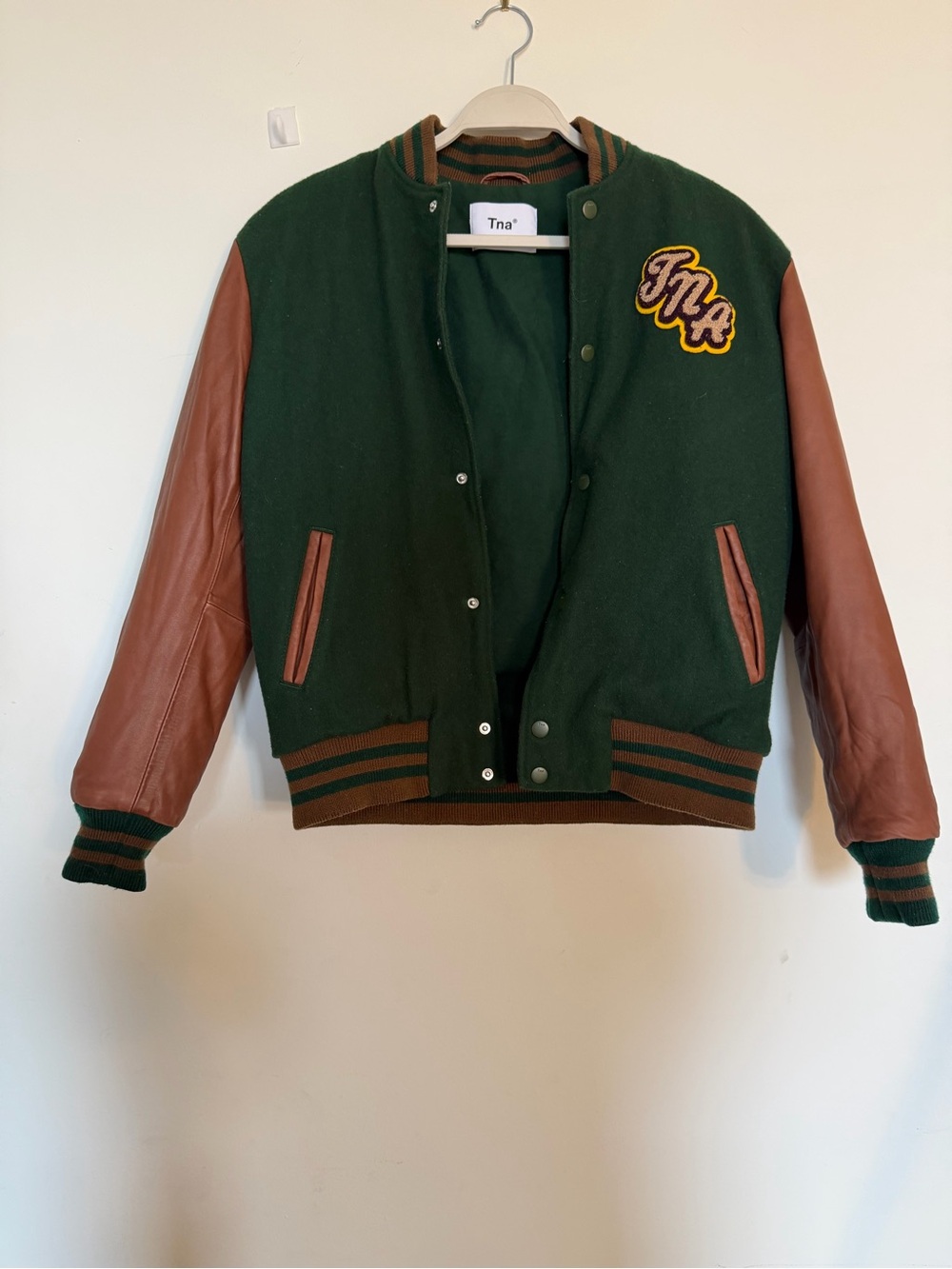 Aritzia TNA Women’s Varsity Jacket XS Wool Genuine Leather Green Brown
